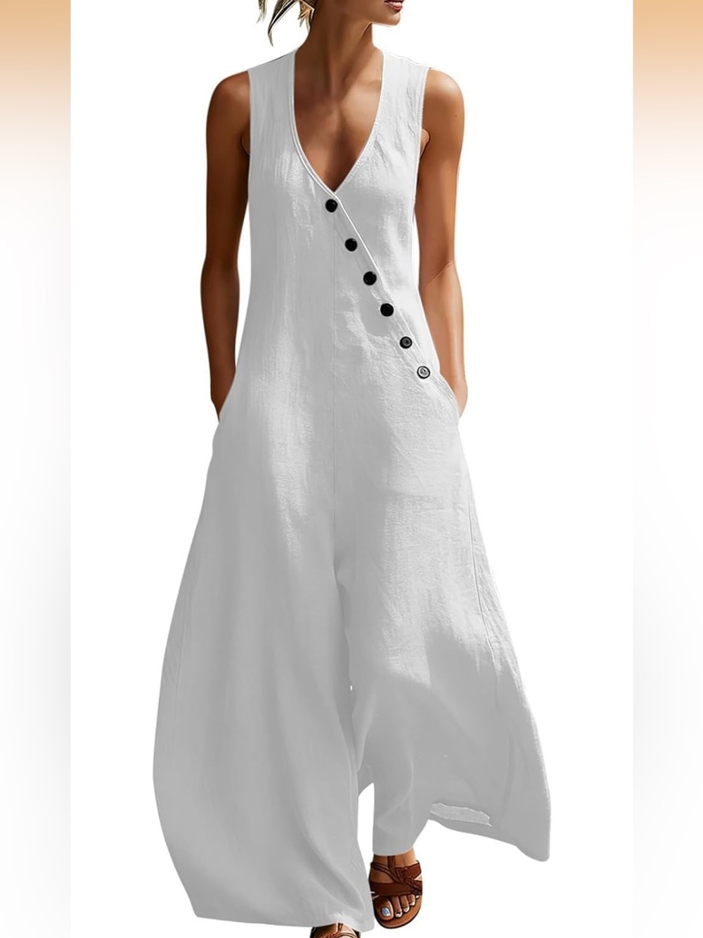 NWT Women’s White Linen Blend Sleeveless Button-Accent Jumpsuit